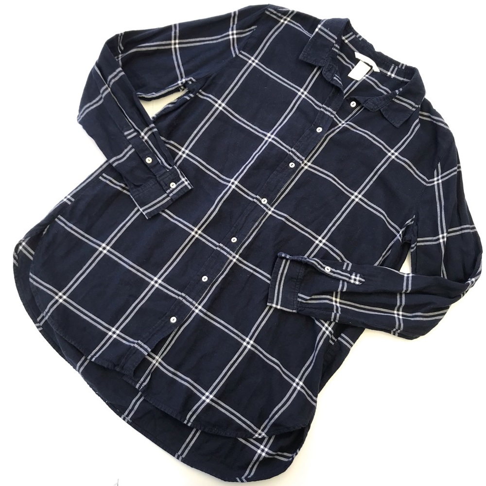 H&M Navy Blue White Plaid Button Up Top Size 8